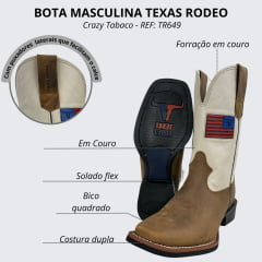 Bota Texana Masculina Texas Rodeo Bico Quadrado Couro Crazy Tabaco Cano Marfim Ref.TR649-LQBO