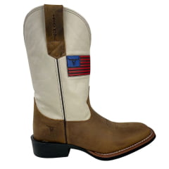 Bota Texana Masculina Texas Rodeo Bico Quadrado Couro Crazy Tabaco Cano Marfim Ref.TR649-LQBO