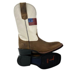 Bota Texana Masculina Texas Rodeo Bico Quadrado Couro Crazy Tabaco Cano Marfim Ref.TR649-LQBO