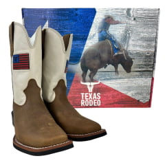 Bota Texana Masculina Texas Rodeo Bico Quadrado Couro Crazy Tabaco Cano Marfim Ref.TR649-LQBO