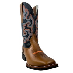 Bota Texana Masculina Texas Rodeo Bico Quadrado Couro Malboro Mostarda Cano Fóssil Azul Escuro Ref.TR751-LQBO