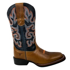 Bota Texana Masculina Texas Rodeo Bico Quadrado Couro Malboro Mostarda Cano Fóssil Azul Escuro Ref.TR751-LQBO