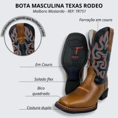 Bota Texana Masculina Texas Rodeo Bico Quadrado Couro Malboro Mostarda Cano Fóssil Azul Escuro Ref.TR751-LQBO