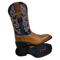 Bota Texana Masculina Texas Rodeo Bico Quadrado Couro Malboro Mostarda Cano Fóssil Azul Escuro Ref.TR751-LQBO