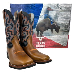 Bota Texana Masculina Texas Rodeo Bico Quadrado Couro Malboro Mostarda Cano Fóssil Azul Escuro Ref.TR751-LQBO