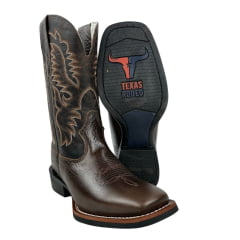 Bota Texana Masculina Texas Rodeo Bico Quadrado Couro Malboro Tabaco Cano Fóssil Marrom Ref.TR737-LQBO