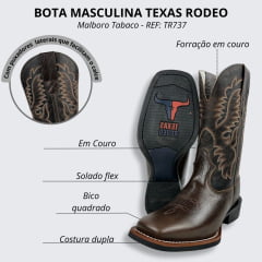 Bota Texana Masculina Texas Rodeo Bico Quadrado Couro Malboro Tabaco Cano Fóssil Marrom Ref.TR737-LQBO