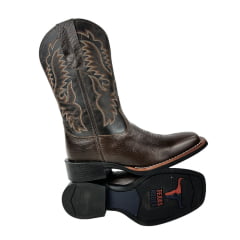 Bota Texana Masculina Texas Rodeo Bico Quadrado Couro Malboro Tabaco Cano Fóssil Marrom Ref.TR737-LQBO