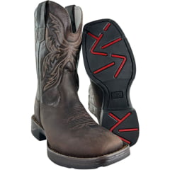 Bota Texana Masculina Texas Rodeo Bico Quadrado Jump Couro Crazy Café Fóssil Marrom Bordado Ref:TR700-Jump