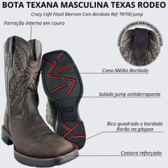 Bota Texana Masculina Texas Rodeo Bico Quadrado Jump Couro Crazy Café Fóssil Marrom Bordado Ref:TR700-Jump