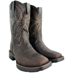Bota Texana Masculina Texas Rodeo Bico Quadrado Jump Couro Crazy Café Fóssil Marrom Bordado Ref:TR700-Jump