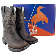 Bota Texana Masculina Texas Rodeo Bico Quadrado Jump Couro Crazy Café Fóssil Marrom Bordado Ref:TR700-Jump