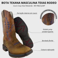 Bota Texana Masculina Texas Rodeo Bico Quadrado Jump Couro Crazy Fóssil Mostarda Bordado REF:TR823-JUMP