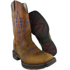 Bota Texana Masculina Texas Rodeo Bico Quadrado Jump Couro Crazy Fóssil Mostarda Bordado REF:TR823-JUMP