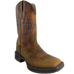 Bota Texana Masculina Texas Rodeo Bico Quadrado Jump Couro Crazy Fóssil Mostarda Bordado REF:TR823-JUMP