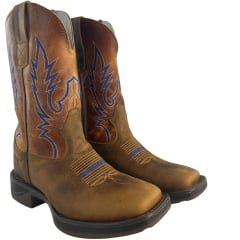 Bota Texana Masculina Texas Rodeo Bico Quadrado Jump Couro Crazy Fóssil Mostarda Bordado REF:TR823-JUMP