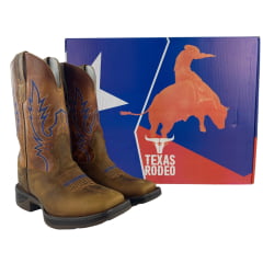 Bota Texana Masculina Texas Rodeo Bico Quadrado Jump Couro Crazy Fóssil Mostarda Bordado REF:TR823-JUMP