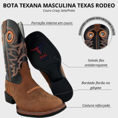 Bota Texana Masculina Texas Rodeo Bico Quadrado Solado Flex Couro Crazy Sela Preto Cano Bordado REF:TR16211029-LQBO