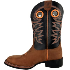 Bota Texana Masculina Texas Rodeo Bico Quadrado Solado Flex Couro Crazy Sela Preto Cano Bordado REF:TR16211029-LQBO