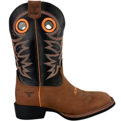 Bota Texana Masculina Texas Rodeo Bico Quadrado Solado Flex Couro Crazy Sela Preto Cano Bordado REF:TR16211029-LQBO
