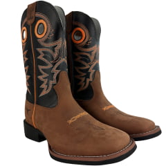 Bota Texana Masculina Texas Rodeo Bico Quadrado Solado Flex Couro Crazy Sela Preto Cano Bordado REF:TR16211029-LQBO