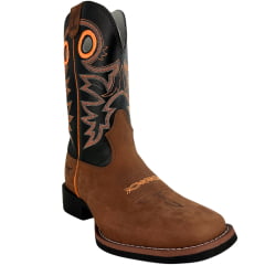 Bota Texana Masculina Texas Rodeo Bico Quadrado Solado Flex Couro Crazy Sela Preto Cano Bordado REF:TR16211029-LQBO