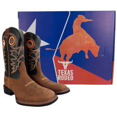 Bota Texana Masculina Texas Rodeo Bico Quadrado Solado Flex Couro Crazy Sela Preto Cano Bordado REF:TR16211029-LQBO
