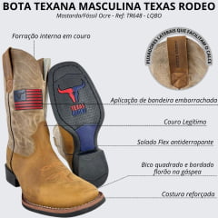 Bota Texana Masculina Texas Rodeo Couro Crazy Mostarda Fóssil Ocre Com Bandeira Ref:TR648 - LQBO