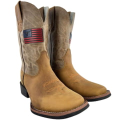 Bota Texana Masculina Texas Rodeo Couro Crazy Mostarda Fóssil Ocre Com Bandeira Ref:TR648 - LQBO