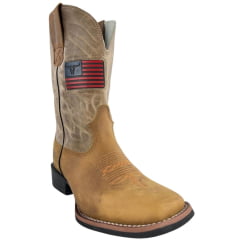 Bota Texana Masculina Texas Rodeo Couro Crazy Mostarda Fóssil Ocre Com Bandeira Ref:TR648 - LQBO