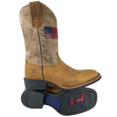 Bota Texana Masculina Texas Rodeo Couro Crazy Mostarda Fóssil Ocre Com Bandeira Ref:TR648 - LQBO