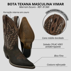 Bota Texana Masculina Vimar Bico Fino Cano Alto Couro Crazy Horse/ KZA/ Castanho/ Café Sola CPLAC-V001 REF: 81360