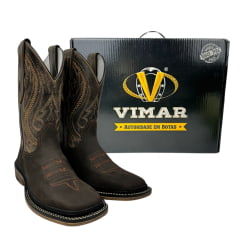 Bota Texana Masculina Vimar Bico Quadrado Couro Crazy Horse Rústico/Ocre/Café Bordado Sola Utah001-F2 RF: 81360