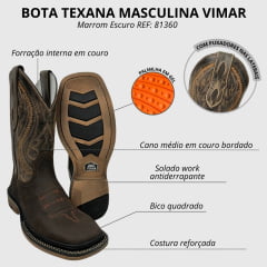 Bota Texana Masculina Vimar Bico Quadrado Couro Crazy Horse Rústico/Ocre/Café Bordado Sola Utah001-F2 RF: 81360