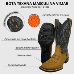 Bota Texana Masculina Vimar Bico Quadrado Cano Médio Couro Crazy Horse Cano Preto Com Bordado Sola Magnum V00 REF: 81360