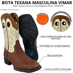 Bota Texana Masculina Vimar Bico Quadrado Couro Flater Havana Cano Cru Sola Flex Ref:81424
