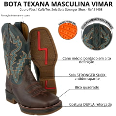 Bota Texana Masculina Vimar Bico Quadrado Couro Fóssil Café/Tex Sela Sola Stronger Café - Ref:81408