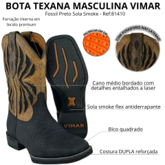Bota Texana Masculina Vimar Bico Quadrado Fossil Preto Cano Bege Escuro Sola Smoke Ref:81410