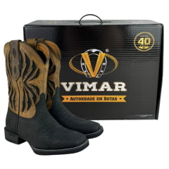 Bota Texana Masculina Vimar Bico Quadrado Fossil Preto Cano Bege Escuro Sola Smoke Ref:81410