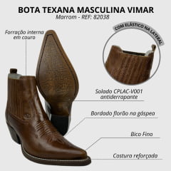 Bota Texana Masculina Vimar Boots Bico Fino Cano Curto Couro Atlanta Café Sola CPLAC-V001 REF: 82038