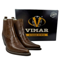 Bota Texana Masculina Vimar Boots Bico Fino Cano Curto Couro Atlanta Café Sola CPLAC-V001 REF: 82038