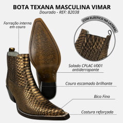 Bota Texana Masculina Vimar Boots Bico Fino Cano Curto Couro Imitação Cobra Snake Bronze Sola CPLAC-V001 REF: 82038