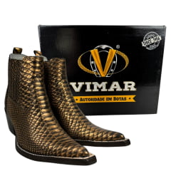 Bota Texana Masculina Vimar Boots Bico Fino Cano Curto Couro Imitação Cobra Snake Bronze Sola CPLAC-V001 REF: 82038