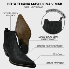 Bota Texana Masculina Vimar Boots Bico Fino Cano Curto Couro Preto Discovery Sola CPLAC-V002 REF: 82038