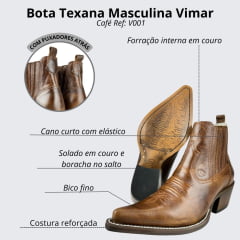 Bota Texana Masculina Vimar Boots Bico Fino Cano Curto Couro Atlanta/ Café Sola C Plac V001