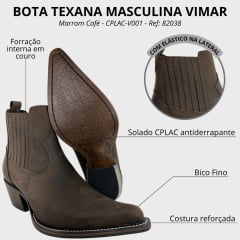 Bota Texana Masculina Vimar Bico Fino Cano Curto Couro Crazy Horse Marrom Sola CPLAC-V001 REF: 82038