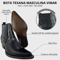 Bota Texana Masculina Vimar Bico Fino Cano Curto Couro Crazy Horse Preto Sola CPLAC-V002 Ref: 82038