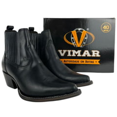 Bota Texana Masculina Vimar Bico Fino Cano Curto Couro Crazy Horse Preto Sola CPLAC-V002 Ref: 82038