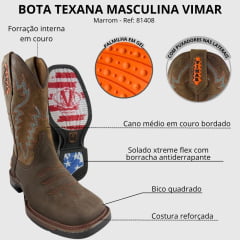 Bota Texana Masculina Vimar Bico Quadrado Couro Crazy Horse Café/Fóssil Caramelo Sola Xtreme 002 Ref:81408