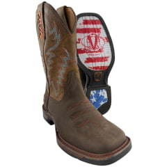 Bota Texana Masculina Vimar Bico Quadrado Couro Crazy Horse Café/Fóssil Caramelo Sola Xtreme 002 Ref:81408